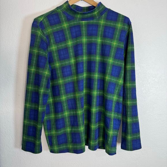 Dark Academica Mock Neck Plaid Long Sleeve Blue and Green Size Large Preppy Fall - Picture 4 of 6